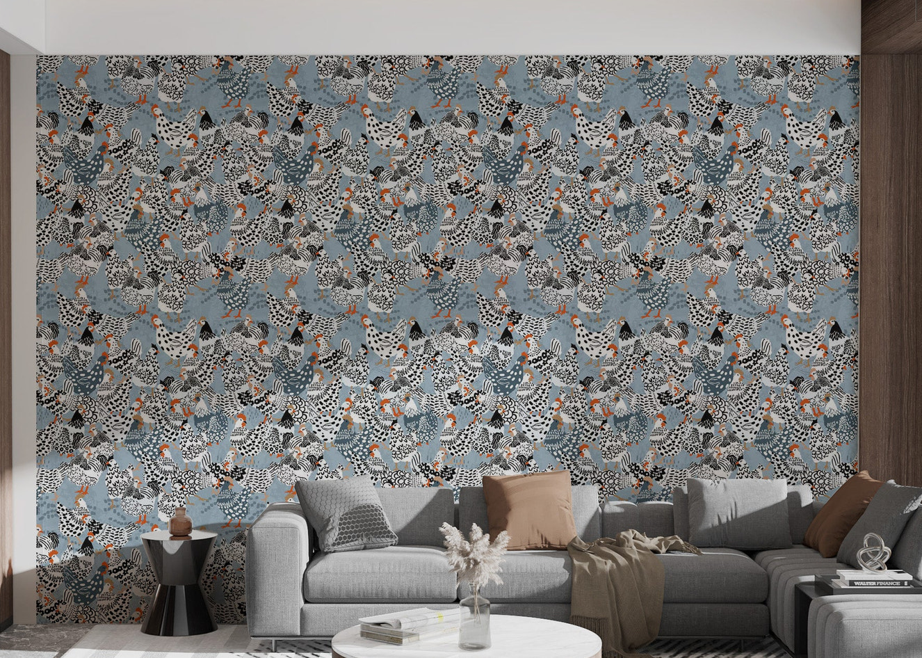 Farmhouse chic wallpaper with chicken motifs