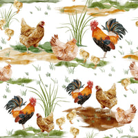 Cute baby chicks in a grassy Watercolor Chicken Coop wall covering.
