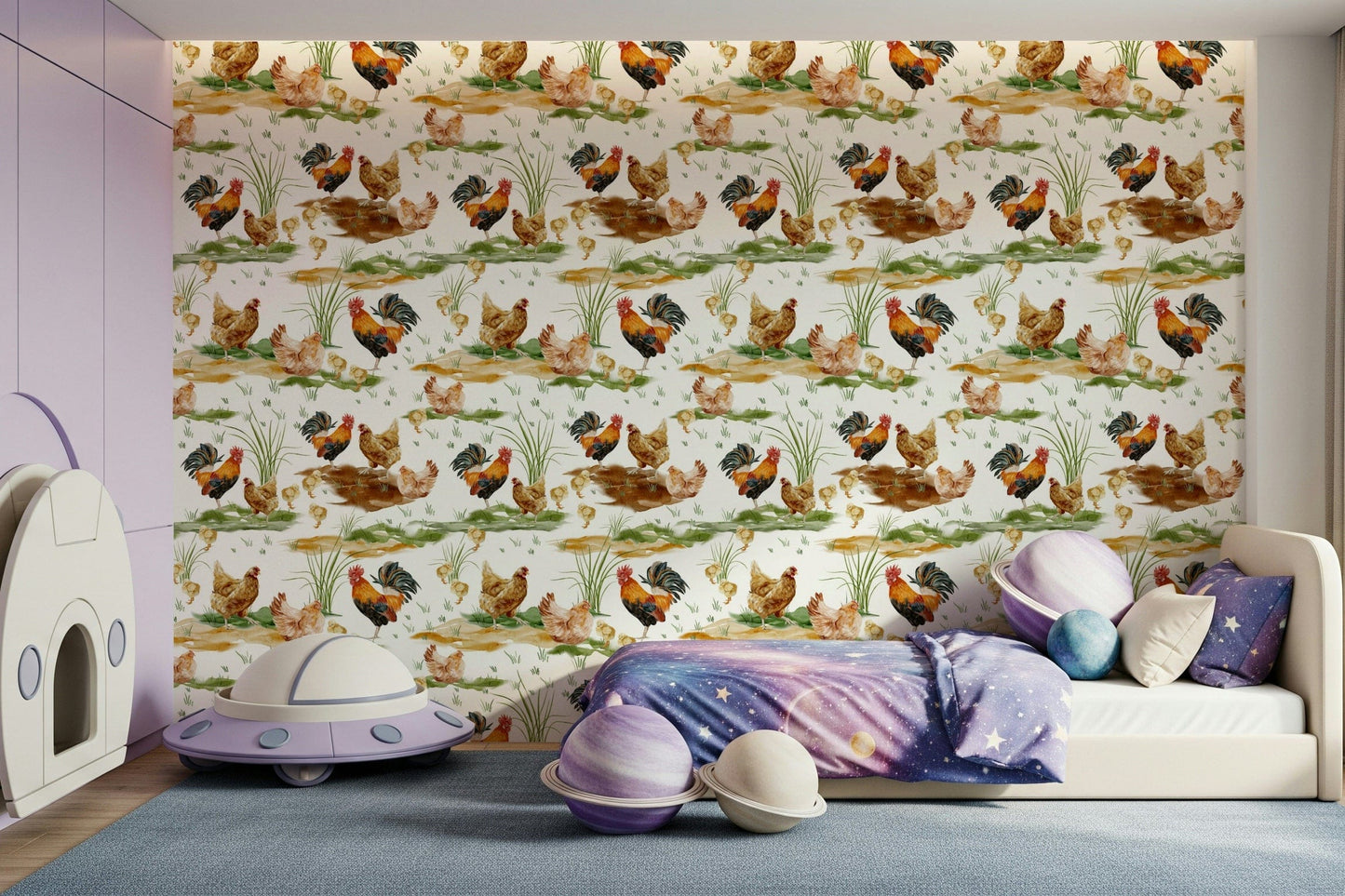 Bright Watercolor Chicken Coop wall treatment, feathered friends theme.