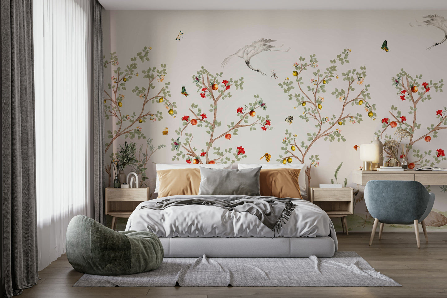 Chinoiserie Cranes botanical wallpaper for walls