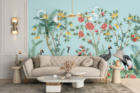 Botanical palm tree and bird mural design
