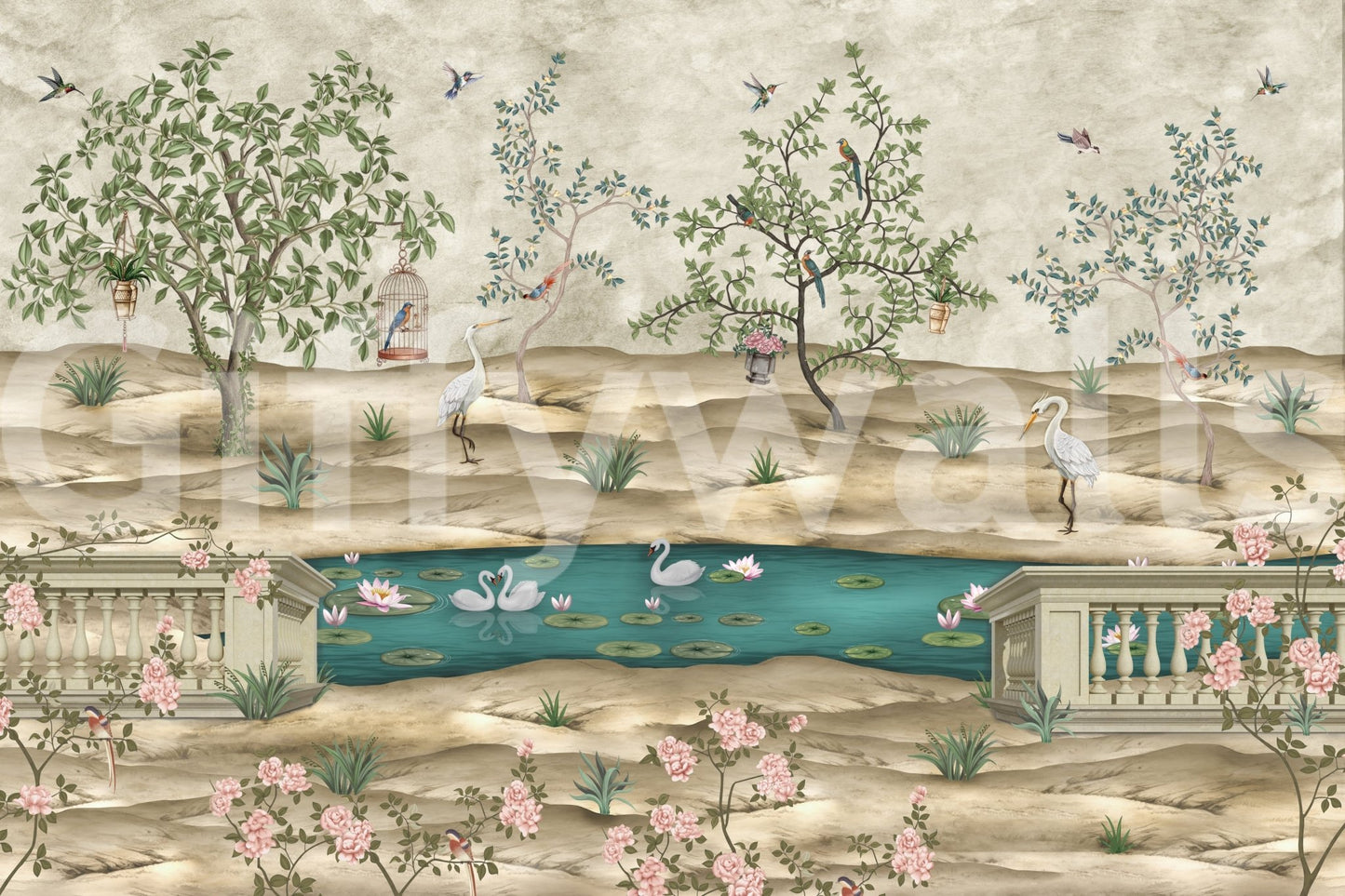 Garden landscape wall mural with cranes and water lilies