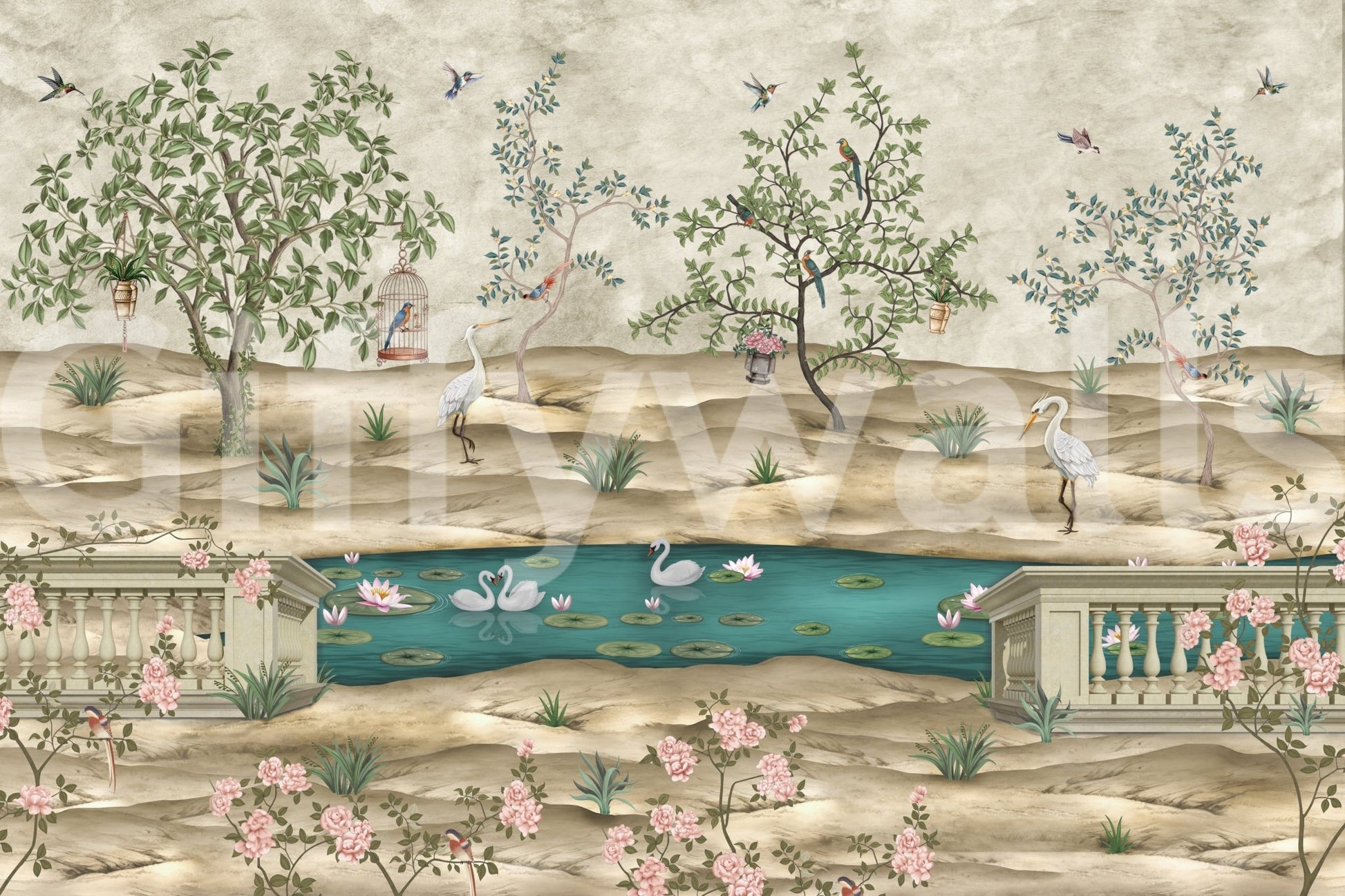 Garden landscape wall mural with cranes and water lilies