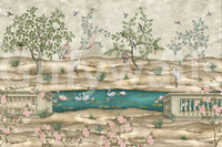 Garden landscape wall mural with cranes and water lilies