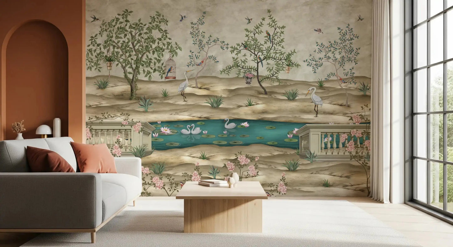 Living area styled with Chinoiserie Garden & Swan Pond wall mural scenery