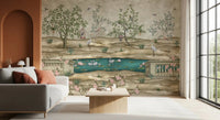 Living area styled with Chinoiserie Garden & Swan Pond wall mural scenery