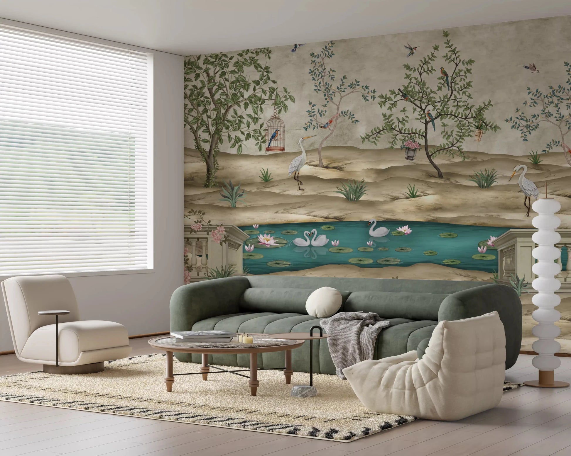 Chinoiserie Garden & Swan Pond wall mural enhances living room setting