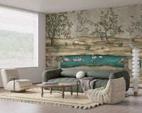 Chinoiserie Garden & Swan Pond wall mural enhances living room setting