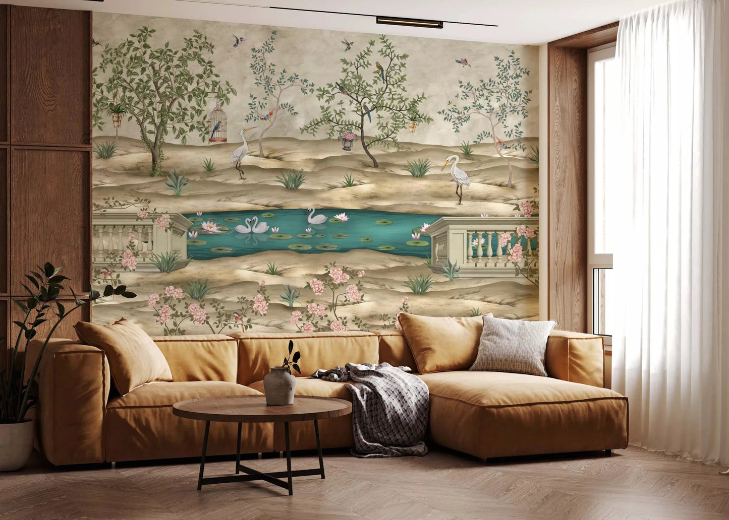 Hallway decorated with Chinoiserie Garden & Swan Pond wall mural