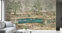 Entryway styled with Chinoiserie Garden & Swan Pond wall mural design
