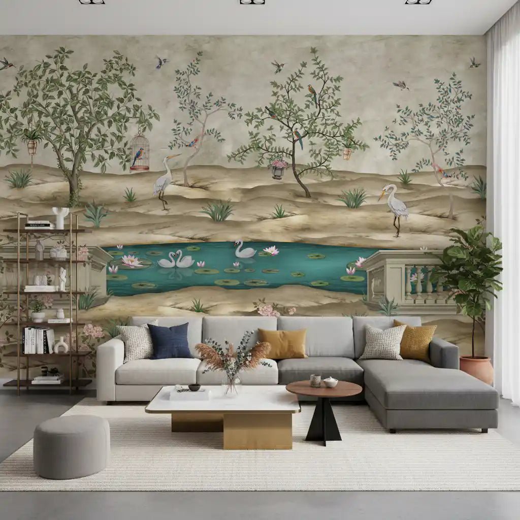 Entryway space designed using Chinoiserie Garden & Swan Pond wall mural