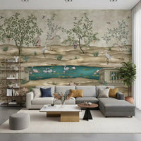 Entryway space designed using Chinoiserie Garden & Swan Pond wall mural