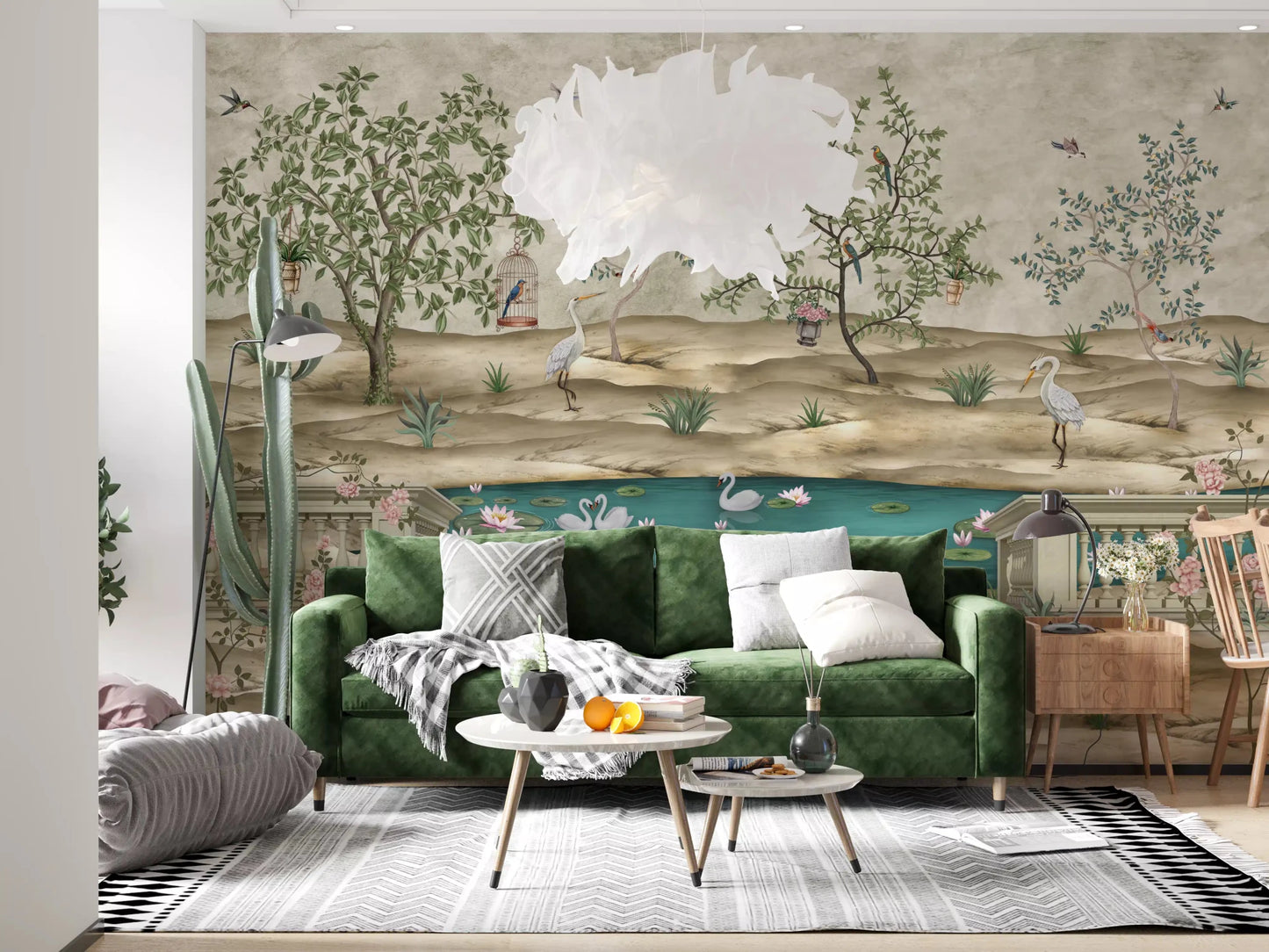 Living room styled using Chinoiserie Garden & Swan Pond wall mural