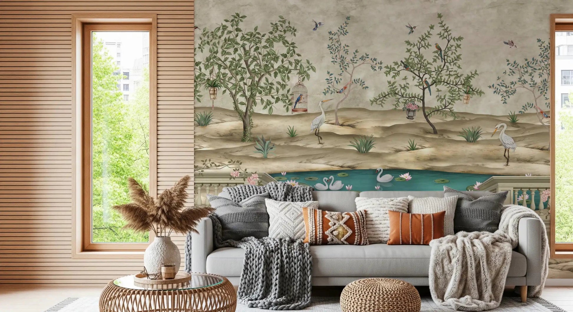 living area styled with Chinoiserie Garden & Swan Pond wall mural