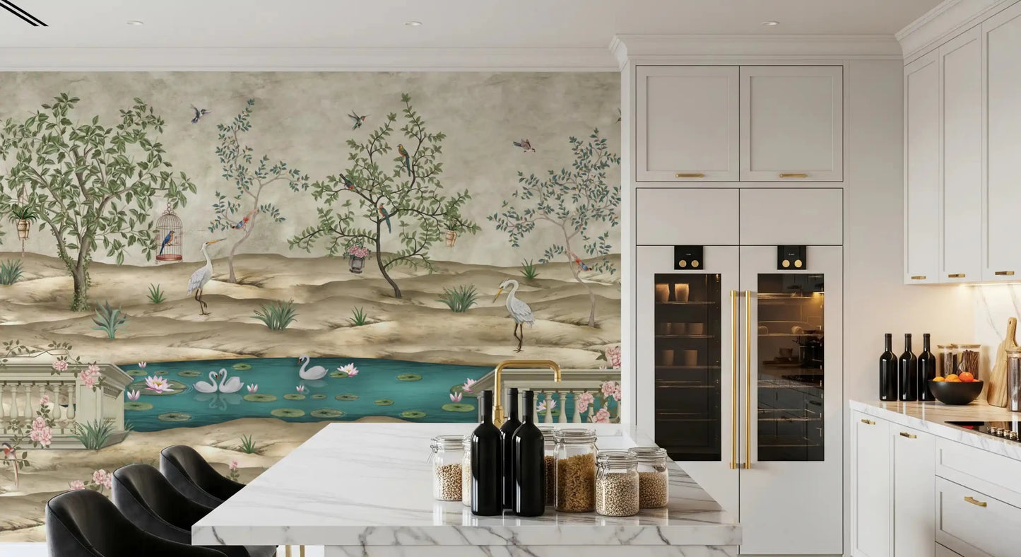Dining room updated using Chinoiserie Garden & Swan Pond wall mural