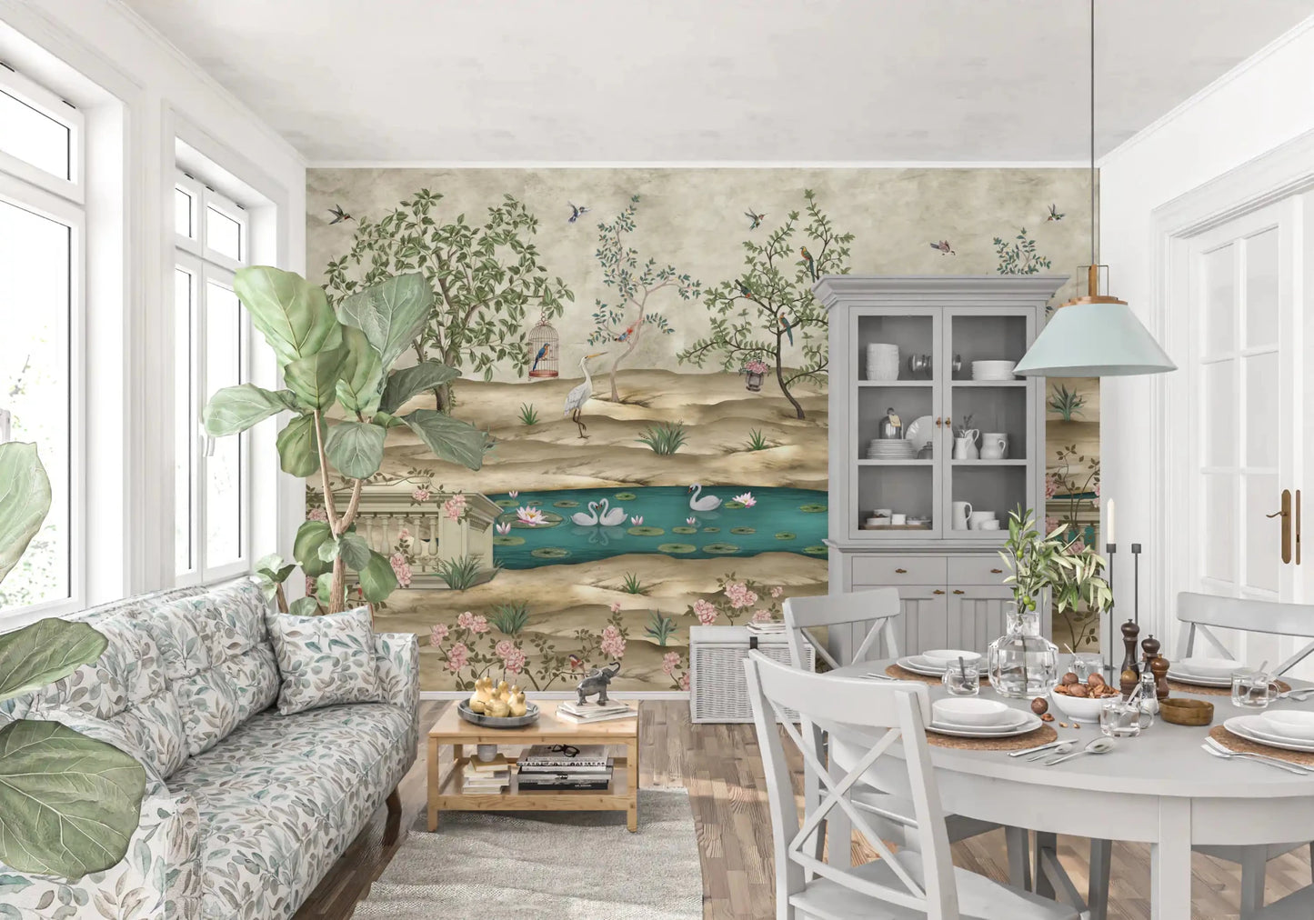 Dining room enhanced by Chinoiserie Garden & Swan Pond wall mural