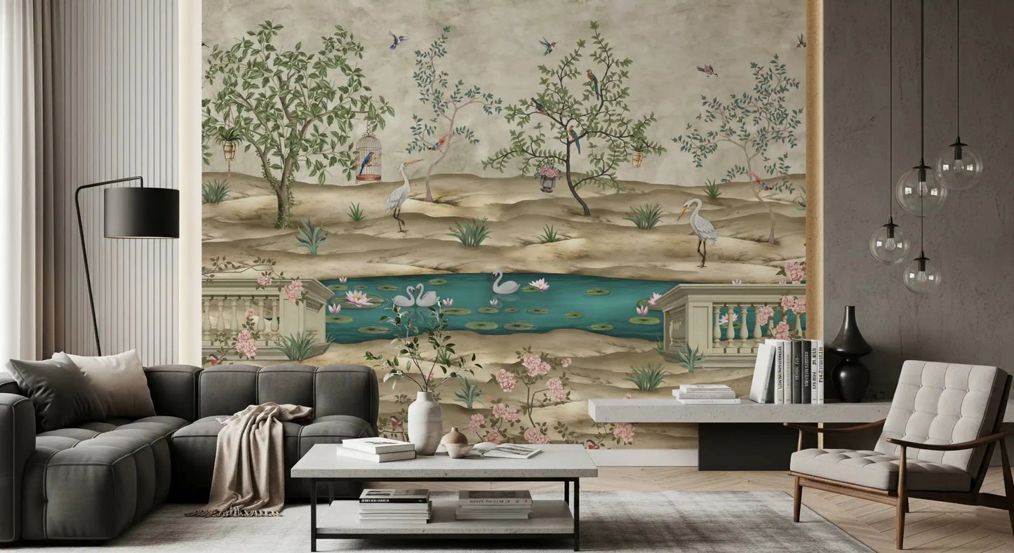 Swan pond wall mural with trees, birds, and floral details