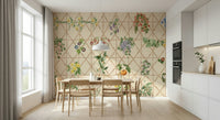Dining room feature wall with chinoiserie garden, soft colors
