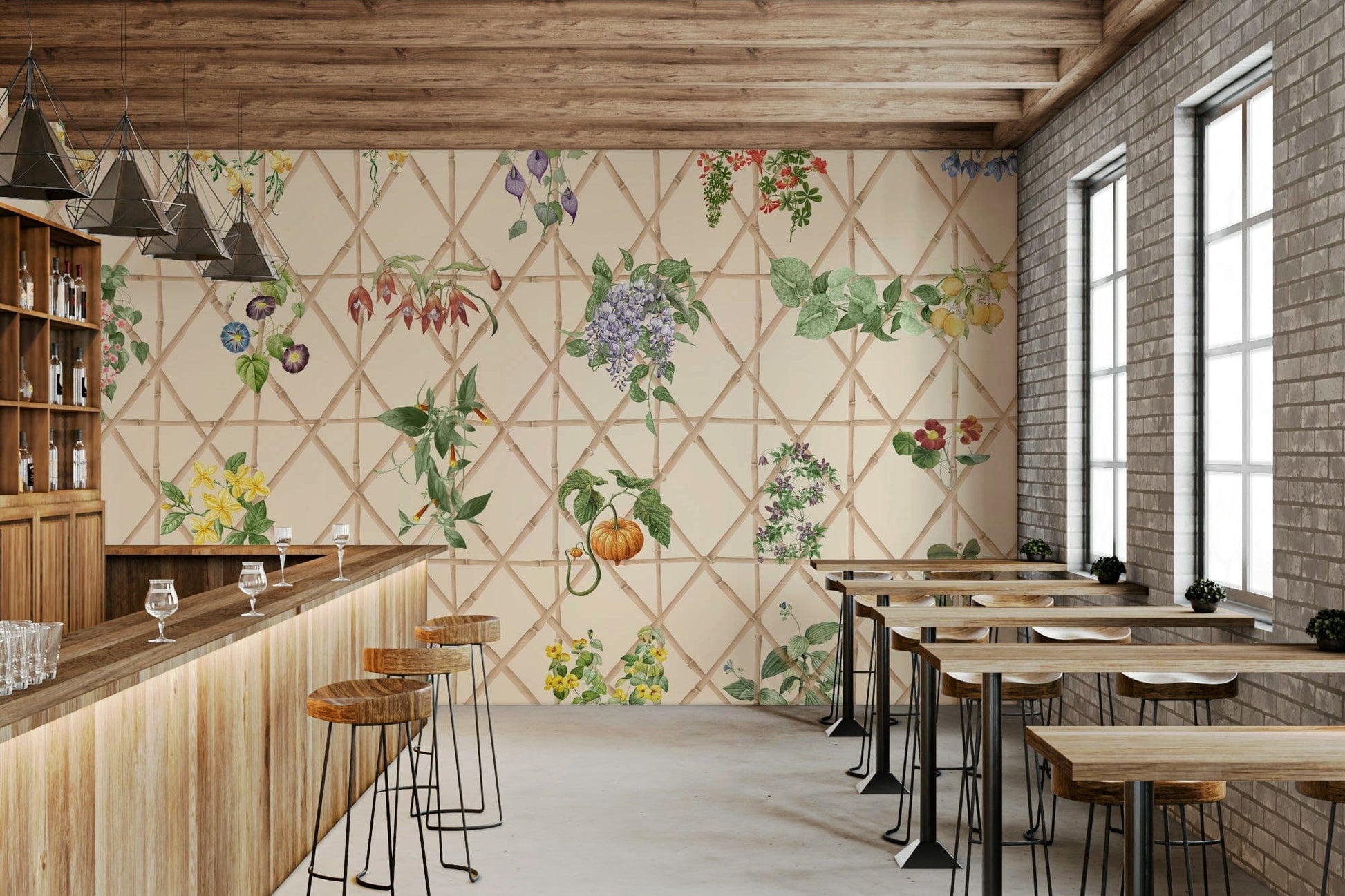 Chinoiserie mural behind bed, soft color bedroom wall decor