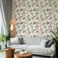 Classic chinoiserie florals on warm-toned wallpaper

