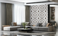 Modern geometric wall mural with layered triangles in deep brown and warm neutral shades.