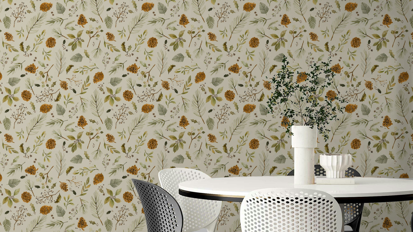 Rustic botanical wallpaper with winter plants

