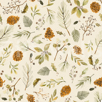 Christmas Winter Botanical Rustic Plants wallpaper mural close-up showing pinecones, holly and green pine sprigs on cream