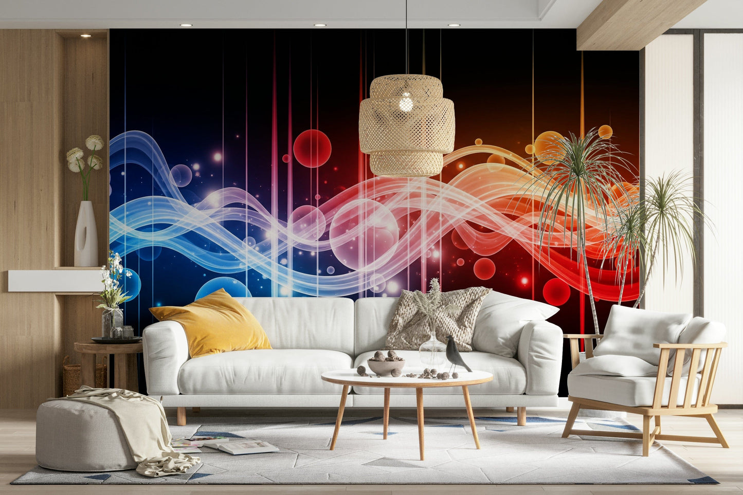 An angled shot of a wall with abstract wave wallpaper

