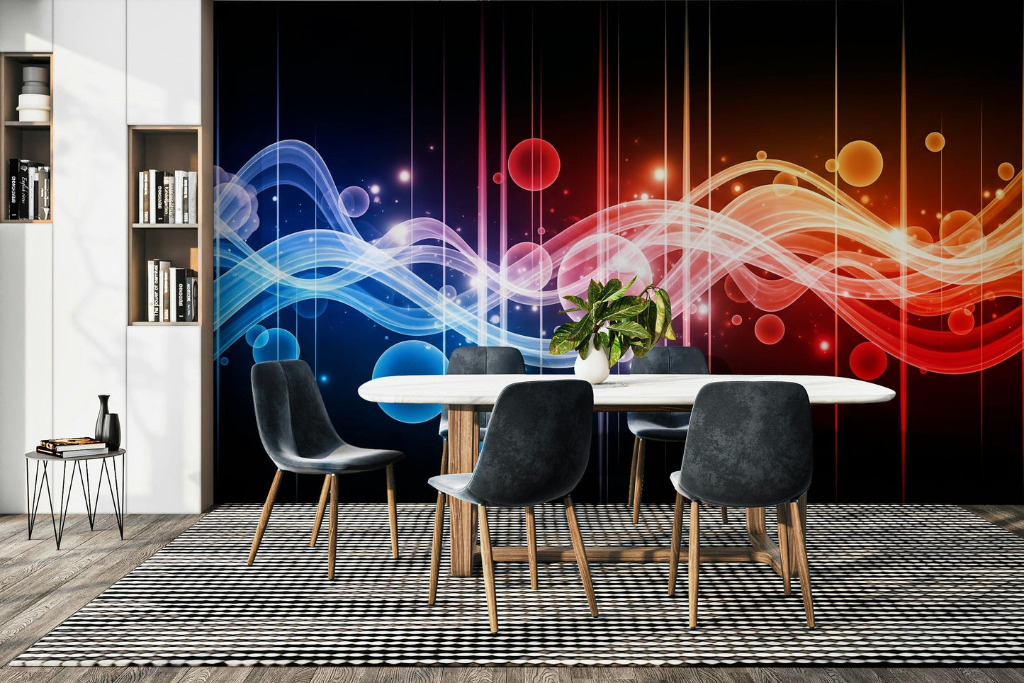 A creative studio decorated with a colorful mural

