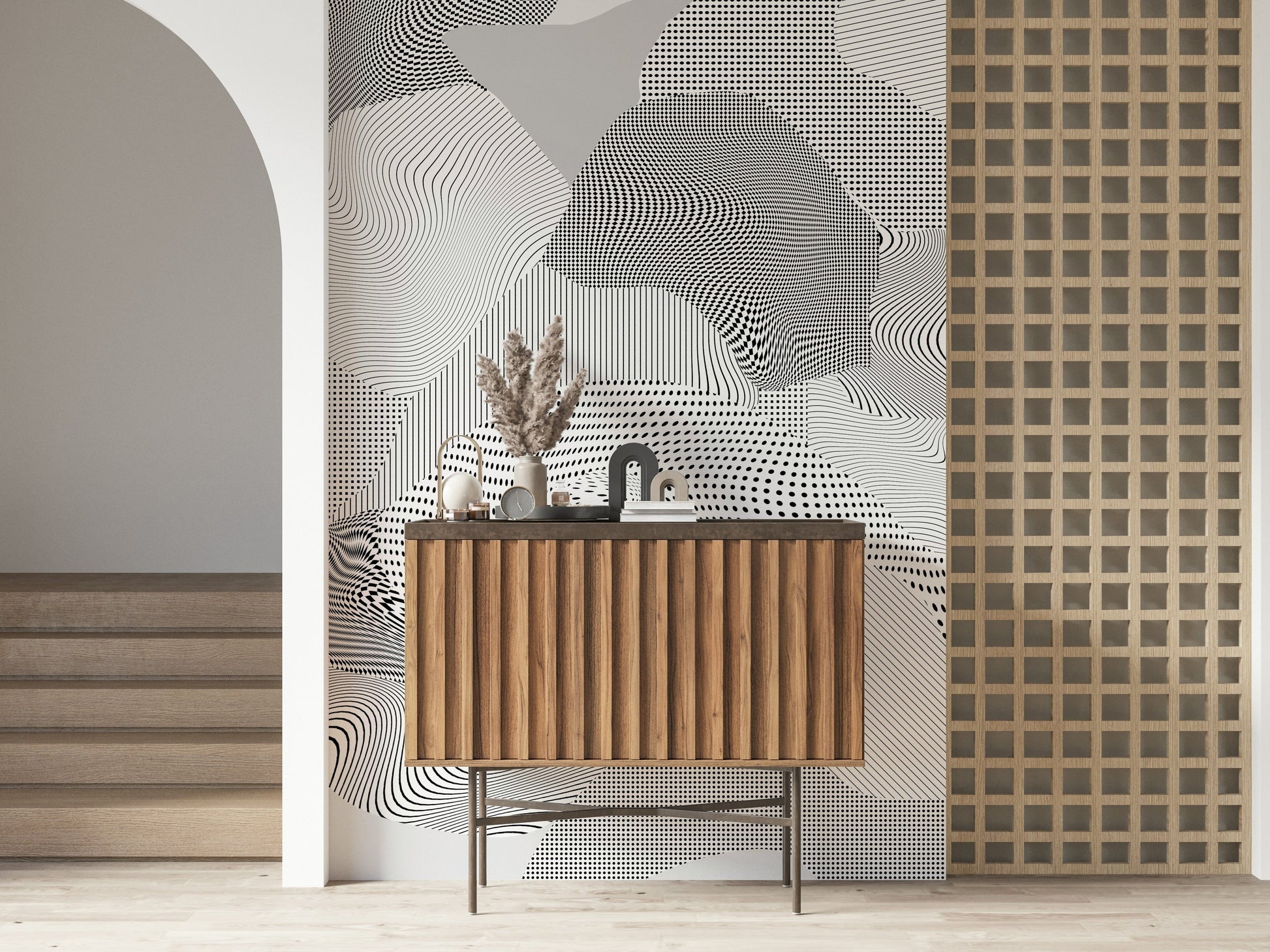 A calming abstract design wallpaper mural that defines a space.