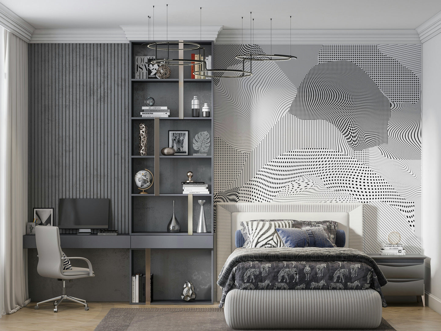 A graceful subtle pattern wall mural in cool, reflective tones.