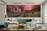 A peaceful historic church mural on decorative wallpaper.

