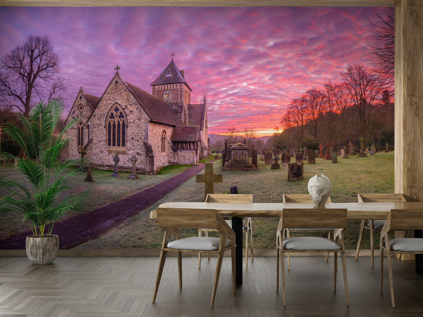 A graceful subtle light wall mural in cool, natural tones.

