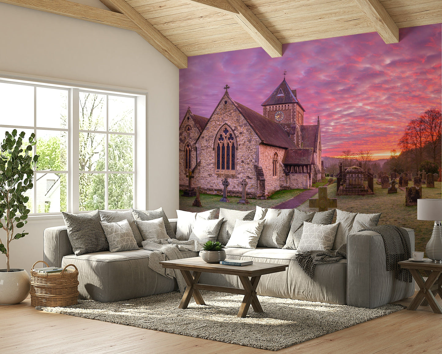 An artistic architectural mural on minimalist wallpaper.

