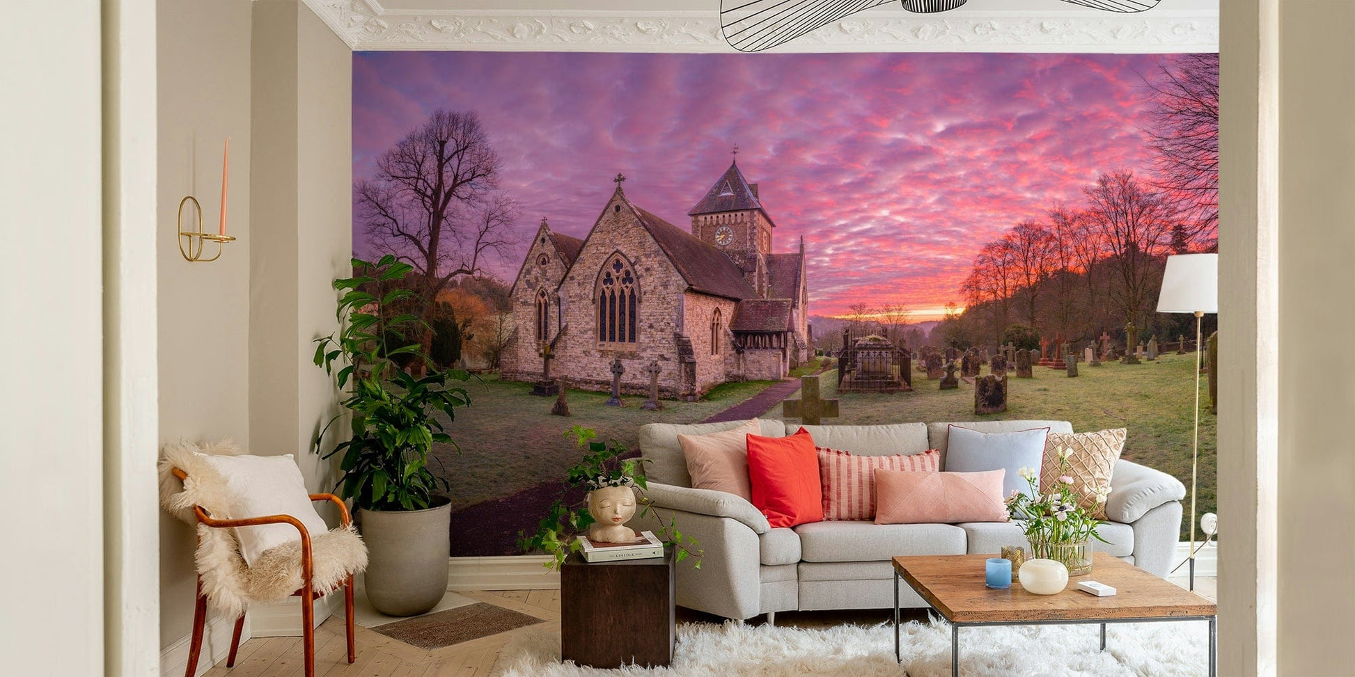 A beautiful serene church wallpaper mural at dawn.

