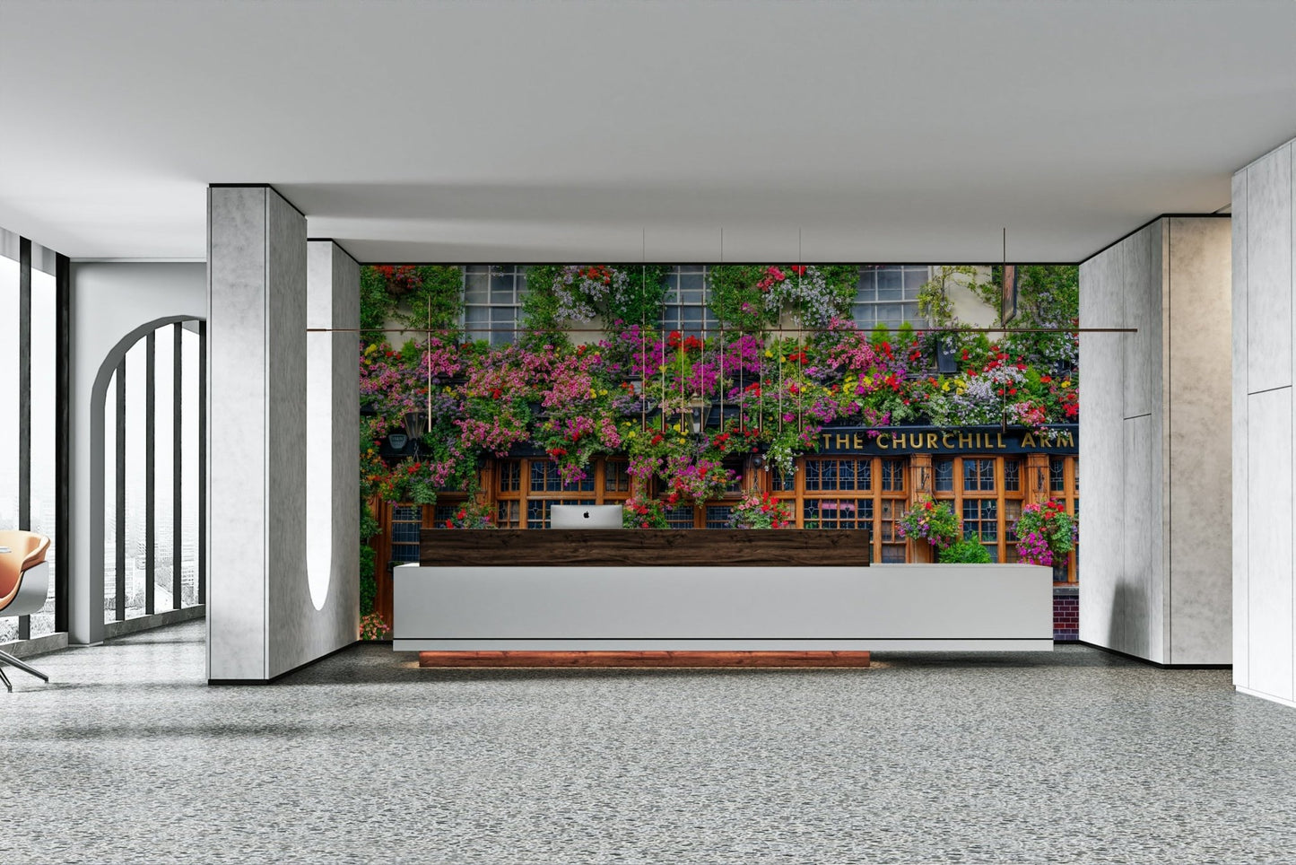 Cozy British pub wall design with flower display

