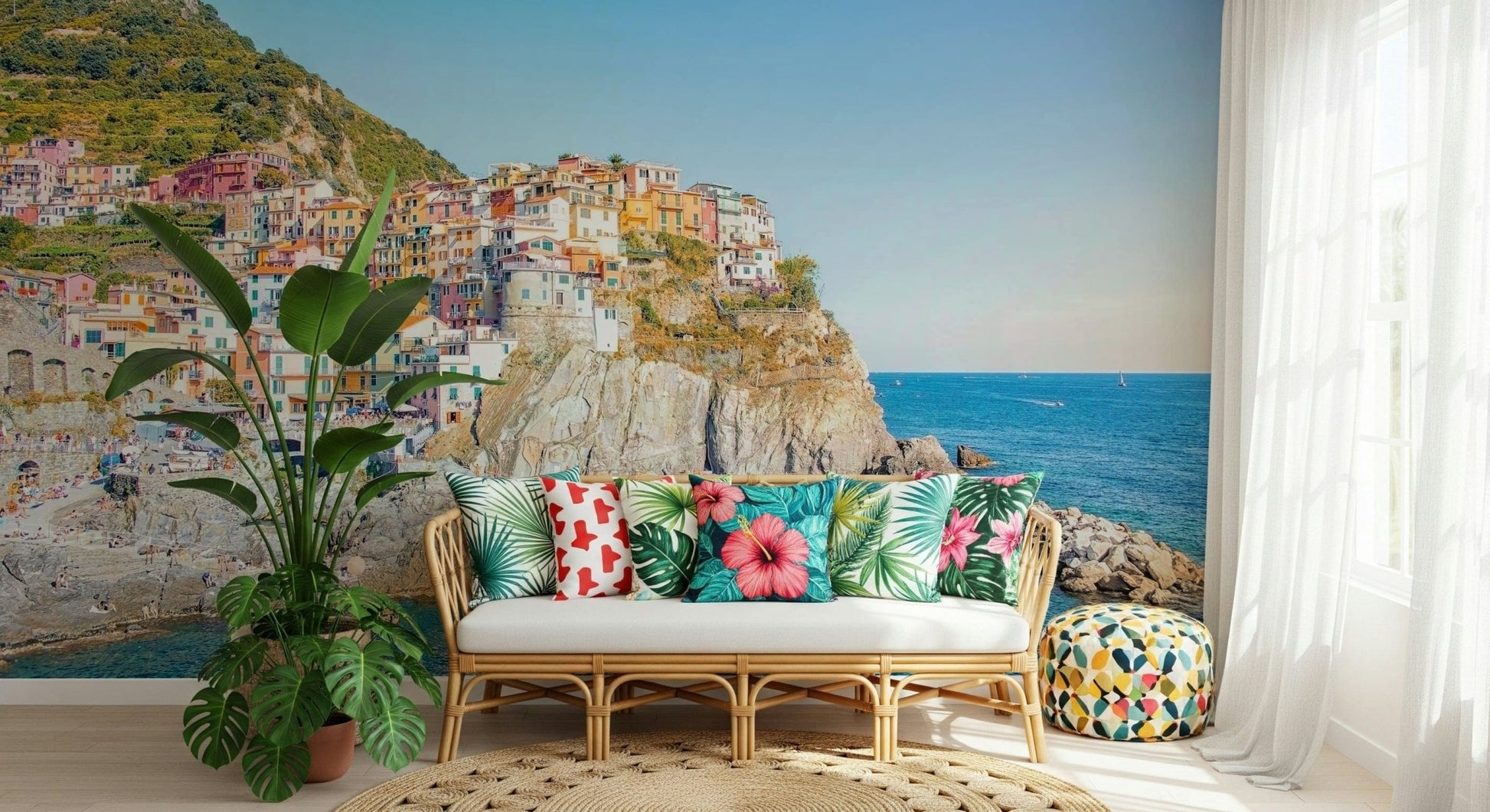 Coastal escape Cinque Terre Coast town wallpaper for walls azure water.