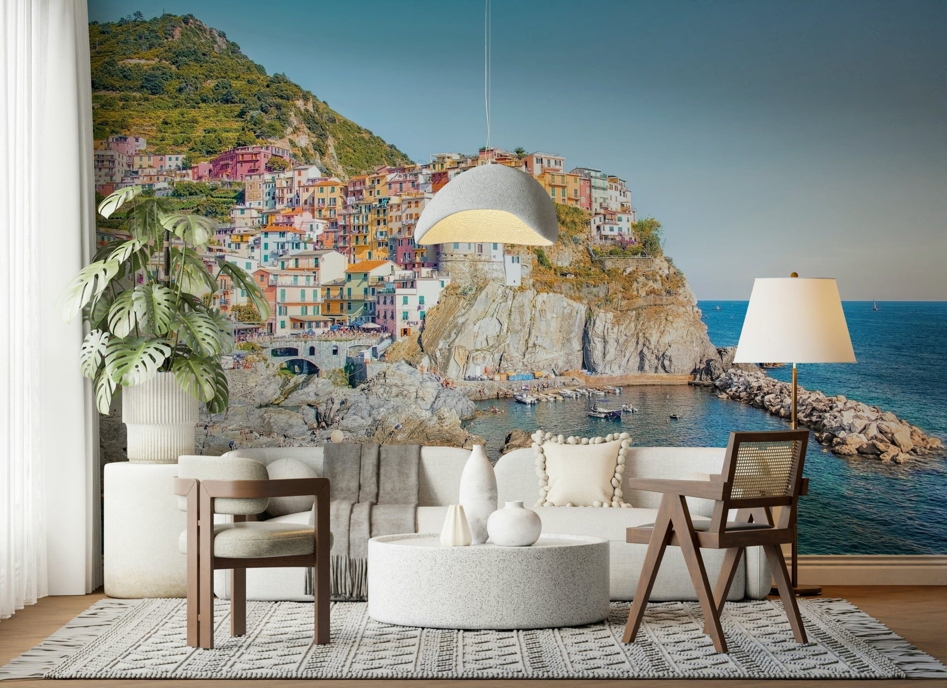 Vibrant Mediterranean Cinque Terre Coast wallpaper for walls coastal homes decor.