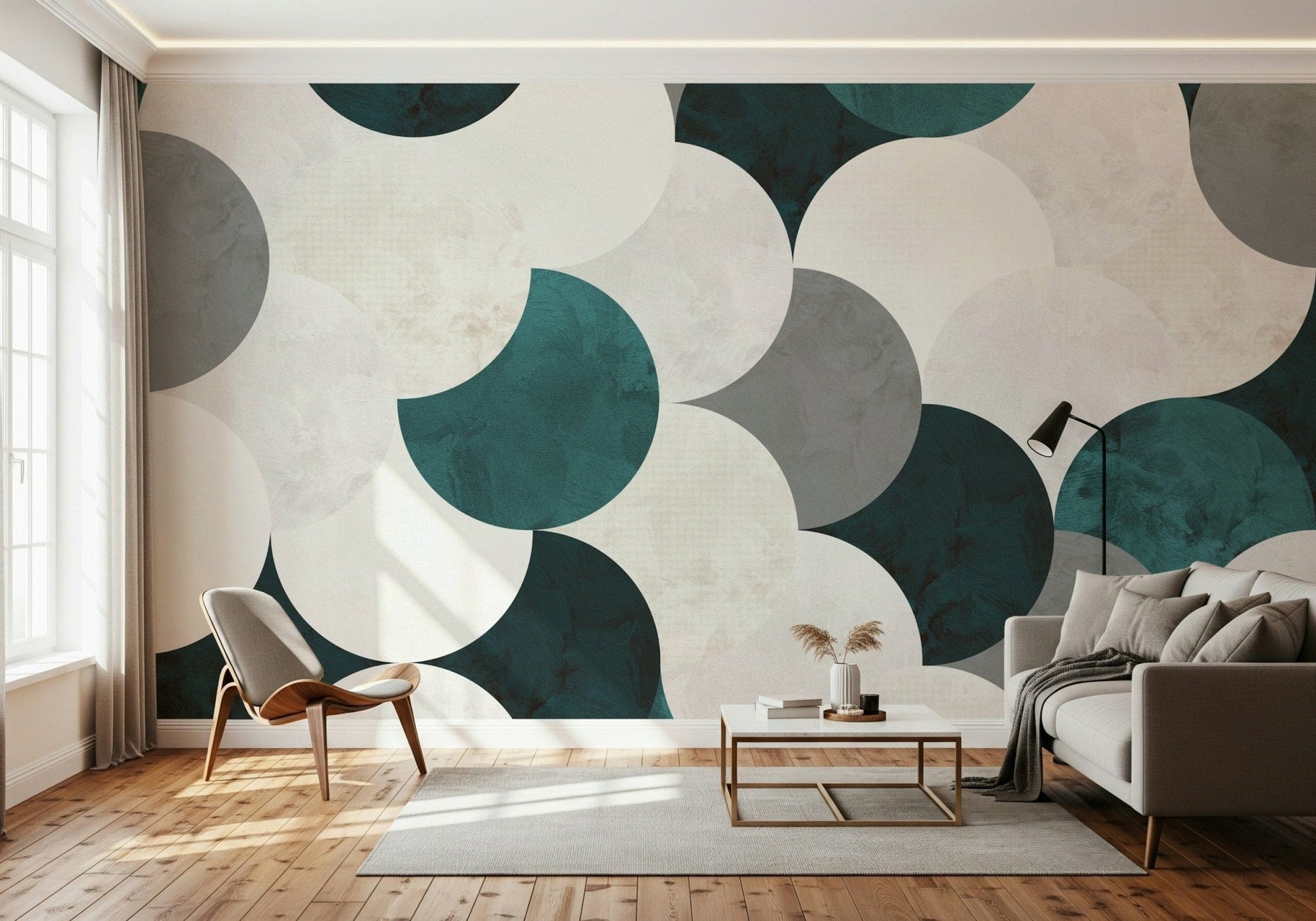 Contemporary abstract wall mural featuring circular geometry with artistic brush textures.