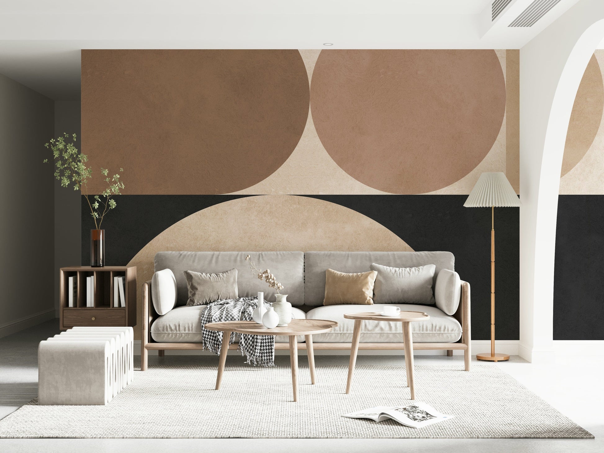 An artistic harmonious circle mural on minimalist wallpaper.

