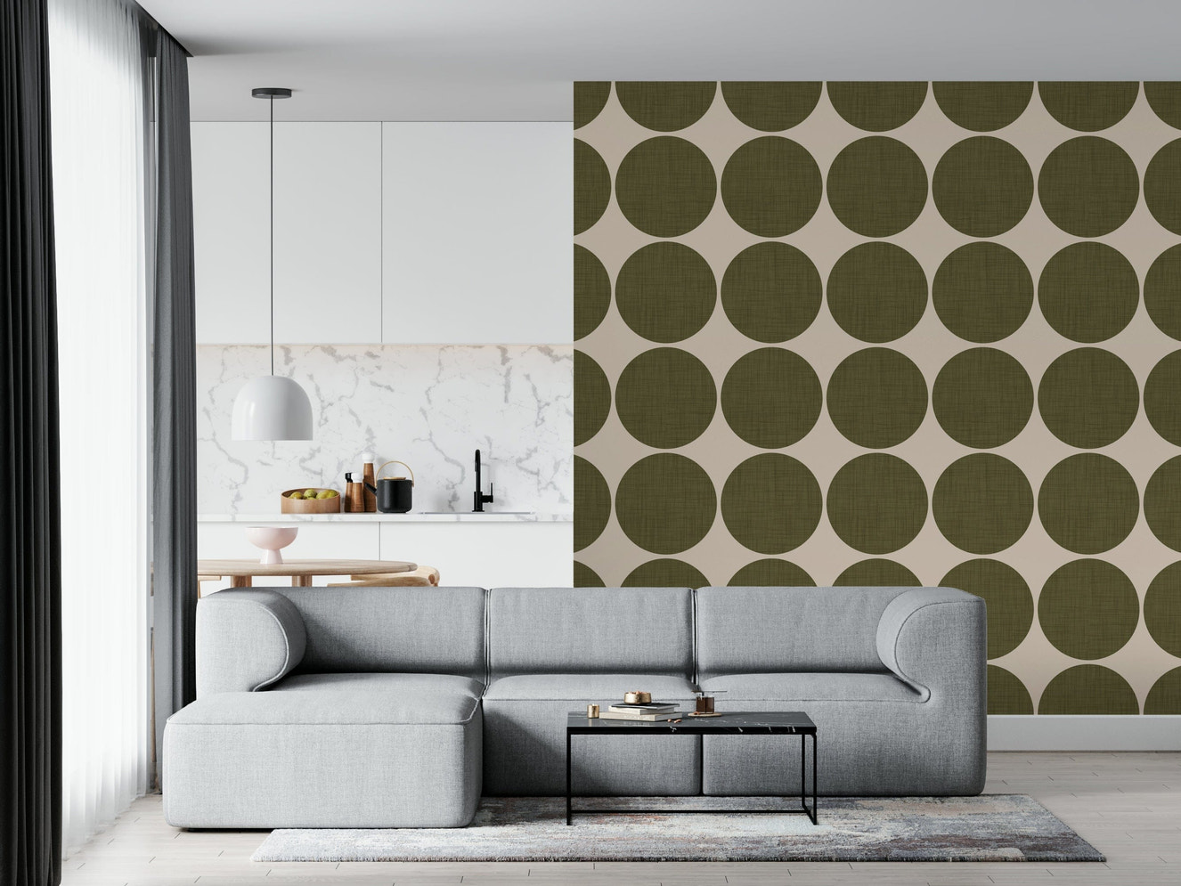 Modern geometric wallpaper with oversized linen-textured dots arranged in a clean repeating grid