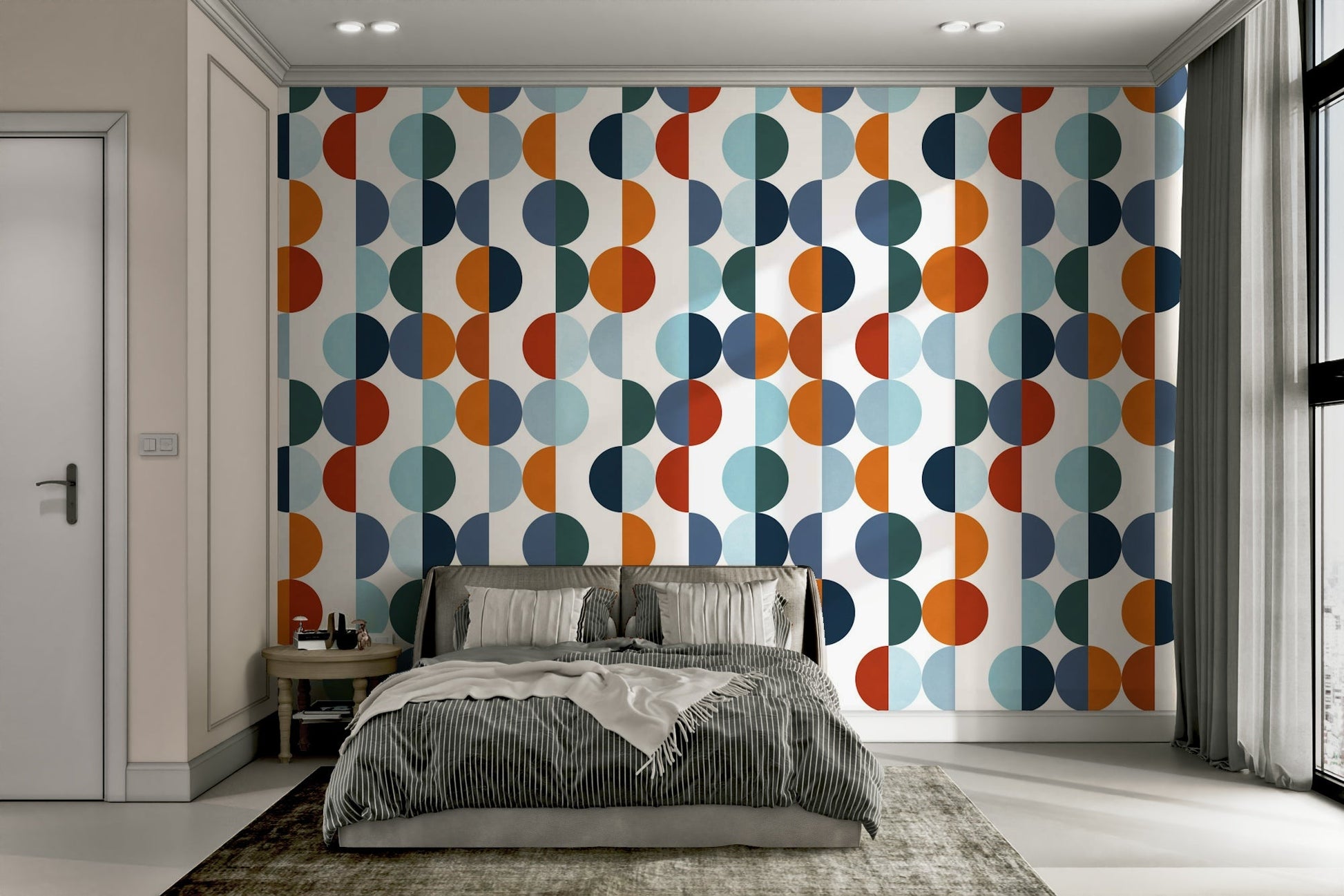 The design features a geometric arrangement of circles and intersecting lines.

