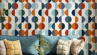 A modern wall mural with a repeating pattern of circular symmetry.

