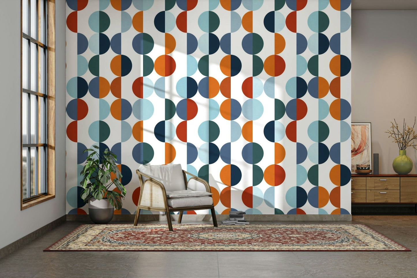 The wall mural is installed on a living room feature wall.

