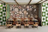 Warm-toned wood panel mural

