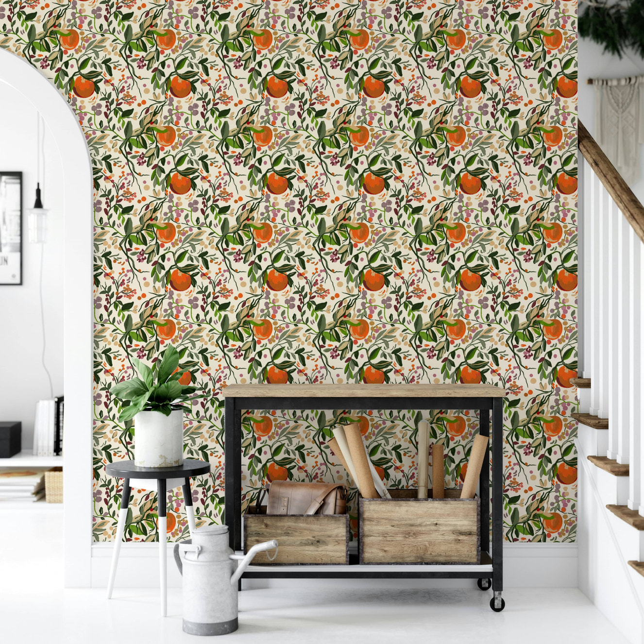 Botanical Orange Motif serene mural wallpaper

