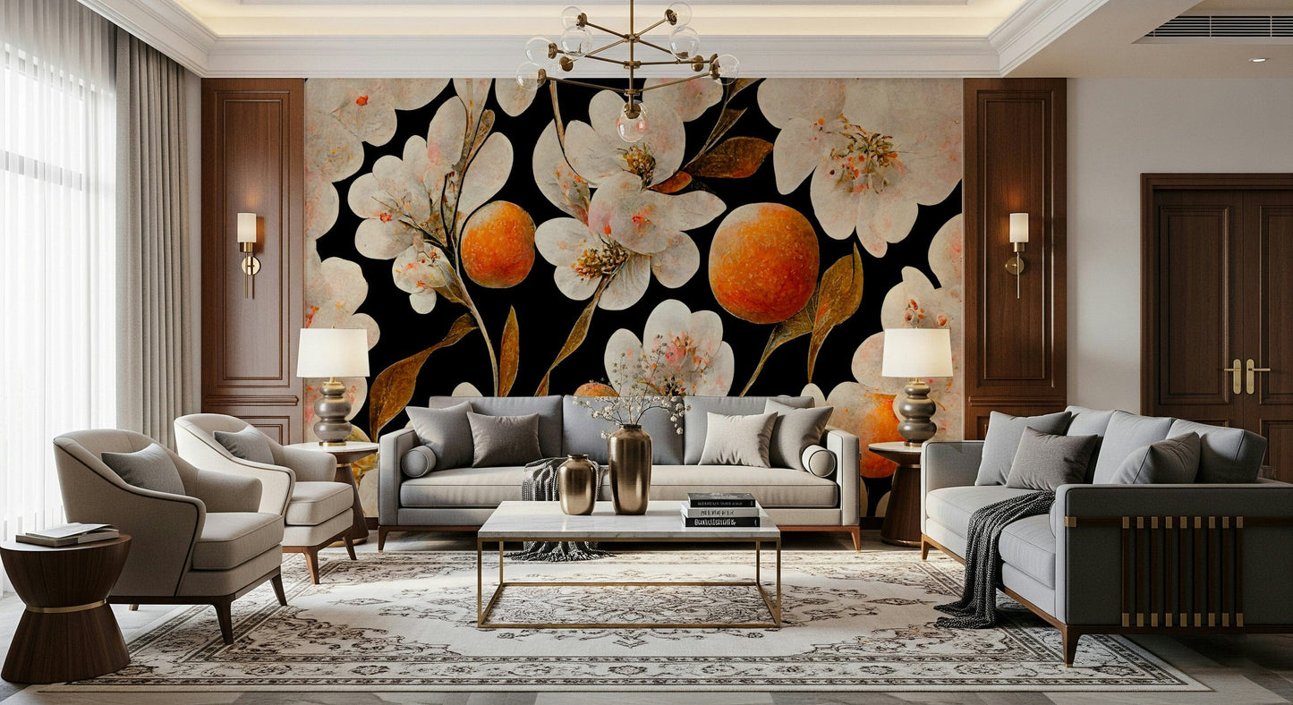 A beautiful wide-angle wall mural of delicate blossoms.

