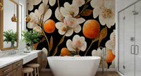 An artistic citrus bloom mural on minimalist wallpaper.

