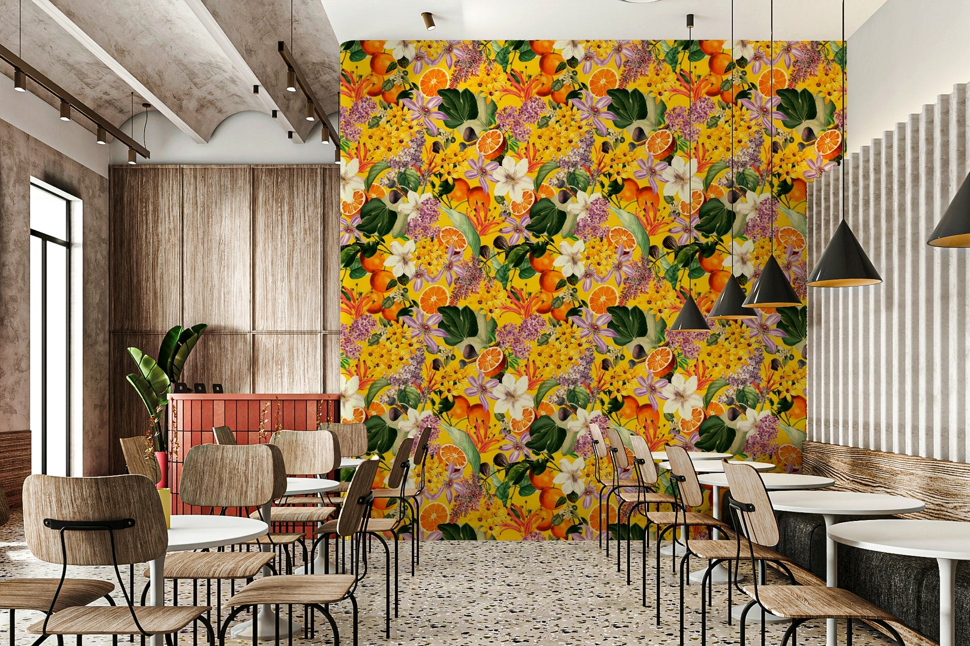 Bold citrus floral wallpaper for bright and lively home decor

