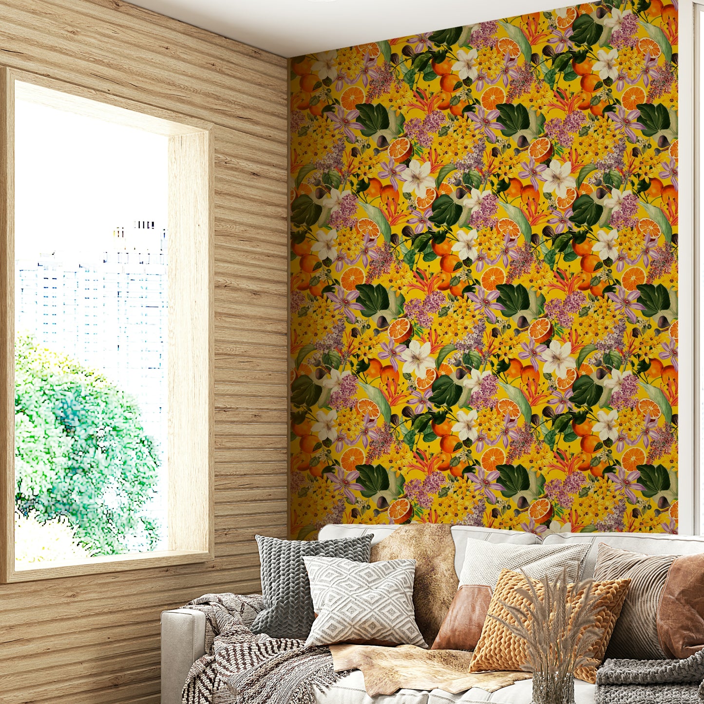 Citrus blossom wallpaper design for a cheerful, uplifting atmosphere

